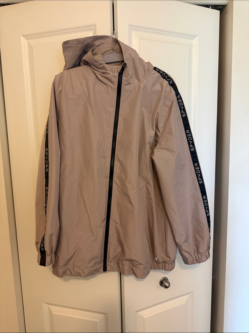 Spyder Women's Hooded Windbreaker Jacket in Taupe with Black Trim